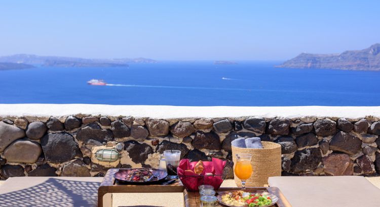 Breakfast with view santorini island greece