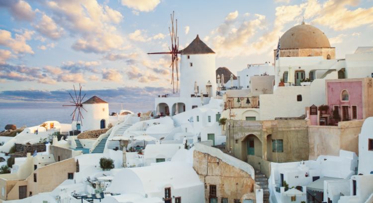 Oia Santorini Panorama Against Sky with Clouds