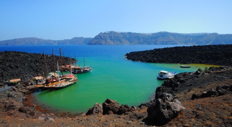 The Famous Hot Springs  in Nea Kameni a Volcanic Island  of Santorini Greece